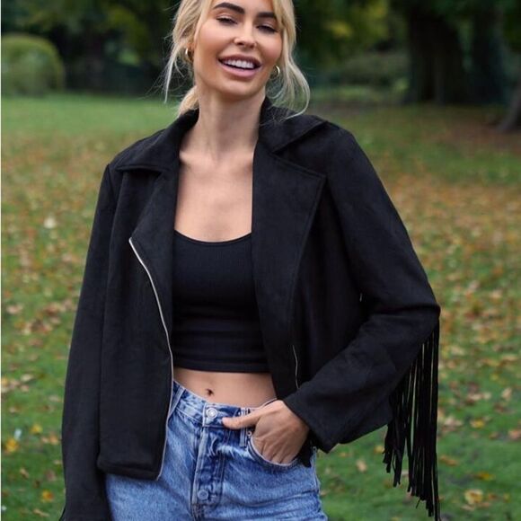 SHEIN Zip Up Fringe Trim Jacket sz 2 XS - Picture 2 of 15